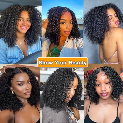 Image of V Part Wig Human Hair Kinky Curly Natural Black 16 Inch | Curly Human Hair Wig Upgrade U Part Human Hair Wigs for Black Women Glueless Wig Wear and Go 180 Density