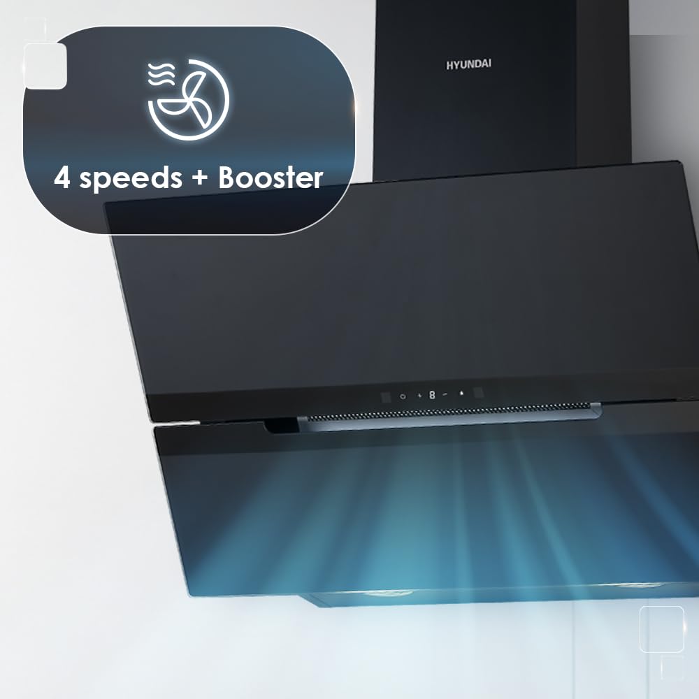 Hyundai Campana Extractora Decorativa Inclinada 60cm, Cristal Negro, HCDE60DCB00. Potencia 831m3/h, 3 Velocidades, 2 Filtros, 64 dB Nivel Sonoro, Control Táctil, Filtros aptos para Lavavajillas