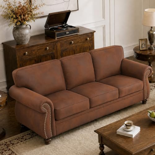 Couchus 88" W 3-Seater Sofa Couch, Faux Leather Fabric Sofas, Caramel Rust