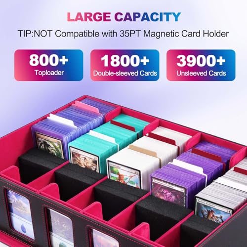 Image of UAONO Trading Card Storage Box with Commander Display, 5 Row Magic Card Box with Handle & Aluminum Alloy Locking for 3900+ Unsleeved Cards Suits for MTG PTCG TCG Sports Cards (Black Red)