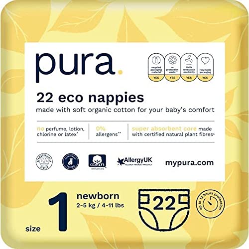 Pura Premium Eco Baby Pañales Talla 1 (Recién Nacido 2-5kg / 4-11 lbs) 1 Paquete de 22 Pañales, Recién Nacido, Ecológico, Hecho con Algodón Orgánico, Indicador de Humedad