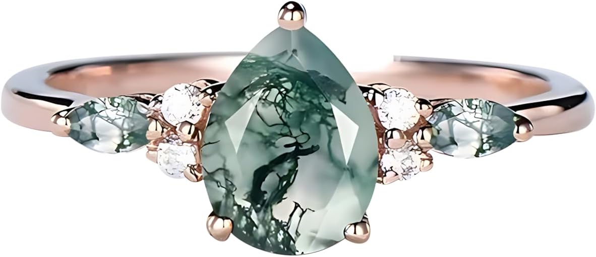 S925 10K 14K 18K Gold Natural Moss Agate Engagement Ring, 1-3 Carat Emerald/Hexagon/Kite/Oval/Pear/Round Cut Genuine Green Moss Agate Wedding Ring Bride Band Free Engraving for Valentine's Day