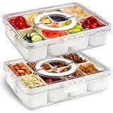 𝟮 𝗣𝗮𝗰𝗸 Divided Serving Tray with Lid and Handle, 8 Compartments Portable Snackle Box Container for Fruit, Veggies, Clear Snack Containers for Kids and Adult, Perfect for Travel, Camping, Picnic