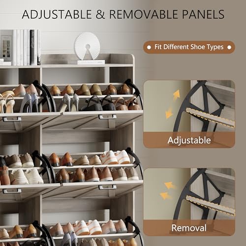 Image of Shoe Cabinet with 6 Flip Drawers, Freestanding Hidden Shoe Storage Organizer for Entryway, Narrow Slim Shoe Rack Cabinet with Open Storage & Hooks for Front Door Entrance, Living Room, Hallway, Grey