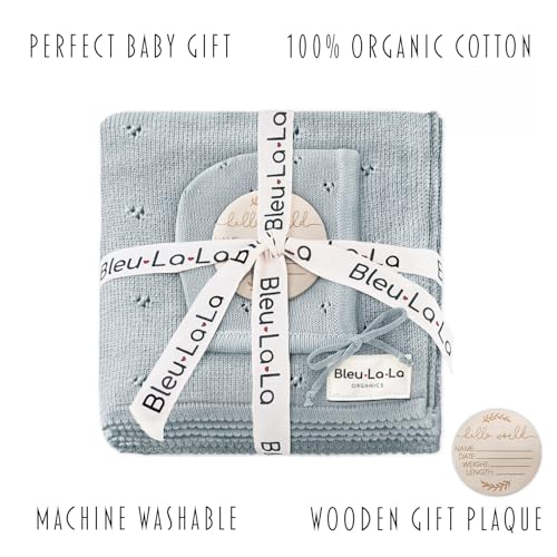 Image of Baby Gift Set - Organic Cotton Newborn Blanket Essentials, Newborn Baby Boy Gifts, Baby Boy Baptism Gifts (Pointelle - Powder Blue)