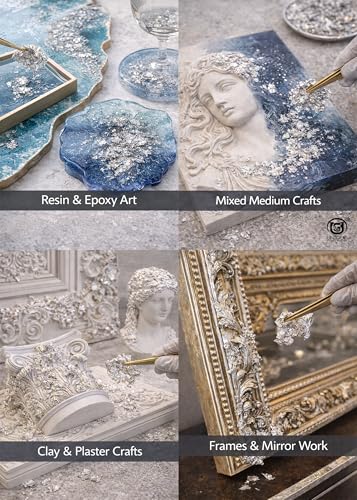 Image of UGLS Silver Leaf Sheets, 100 Sheets, 8 by 8.cm Gilding Foil for Gilding, Resin Art, Decoration Crafting, Paintings, Arts Crafts, Nail Deco,Furniture, Size 3.14 * 3.35 inhches (Silver)