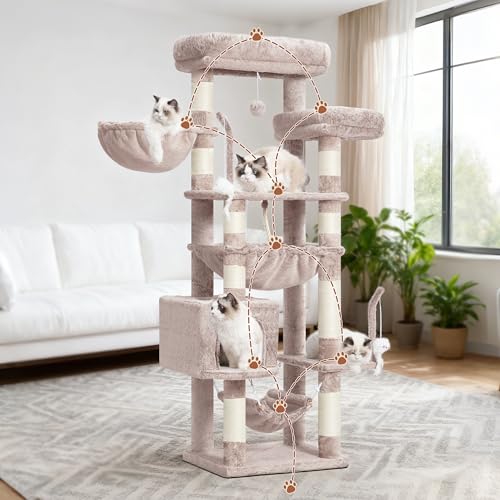 Image of Gitelsnour Cat Tree, 63'' Cat Tower for Large Cats, Big Hammock GCT020MU | Cat Condo, Cat Scratching Posts for Indoor Adult Cats, 4 Platforms( 2 Big 2 Small), 2 Baskets, Sisal Rope, 4 Toys, Mushroom