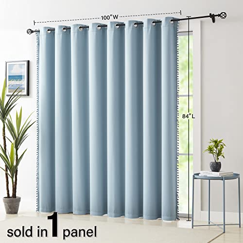 Image of Treatmentex 100% Blackout Curtain Blue Sliding Door Curtains Pom Pom Extra Wide Glass Door Curtains for Living Room Energy Efficient Thermal Patio Door Drapes Grommet Top 1pc 100x84 Light Blue