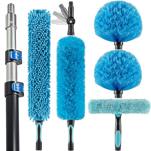 Hicavar 20 Foot High Ceiling Fan Duster with 5-12ft Extension Pole, Extendable Reusable Cobweb, Feather, Window Cleaning Squeegee Kit