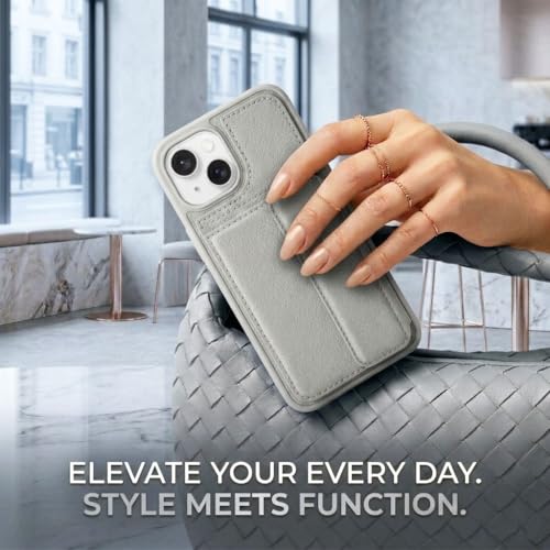 Image of amazon basics Luxury Vegan Leather Back Cover for iPhone 15 | Built-in Card Holder Slot | Integrated Mobile Stand | Slim Shockproof Protective Case with Stitched Finish - Gray