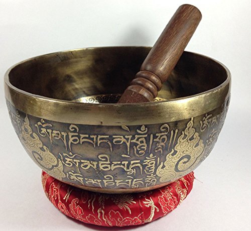 17,78 cm OM Mandala Mantra Tibetano y símbolo tallado hecho a mano 7 de cuenco, martillado a mano cuencos tibetanos con cojín y mazo delantero de Nepal