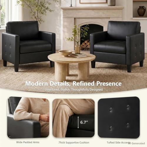Image of Black Accent Chairs Set of 2, Faux Leather Living Room Chair | STHOUYN, Mid-Century Modern, Tufted Armrest and Seat, Cozy, Office, Reading, Waiting Room, Bedroom