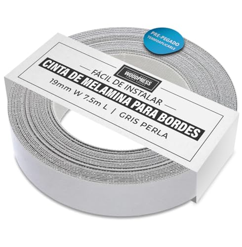 WoodPress® Cinta de melamina gris perlado de 19 mm, cinta de chapa prepegada, rollo de 7,5 m, planchar para una fácil aplicación de bricolaje, cubrirá el borde de un panel de MDF estándar