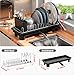 SanDream Small Dish Drying Rack with Removable Utensil Holder & Anti-Scratch Base - Stainless Steel Dish Rack, Dish Drying Rack with Drainage & Space Saving Design for Kitchen Counter, Black
