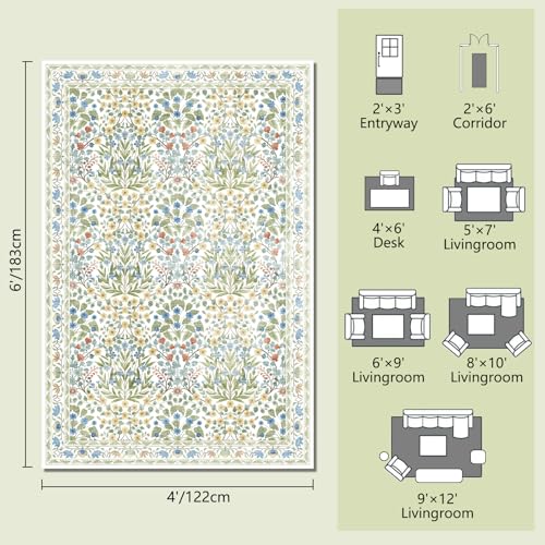 Image of 4x6 Feet Area Rug for Living Room Bedroom, Washable Non-Slip Large Rug, Ultra Soft Stain Resistant, Beige Green Distressed Floral Design