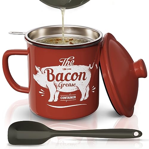 Comparison: Best Bacon Grease Container 5 Bacon Grease Container With Strainer, 46OZ Large Enamel Grease Container, With Silicone Spatula, Farmhouse Bacon Grease Keeper, Cooking Oil Container For Kitchen Fat Storage, Dishwasher Safe-Red