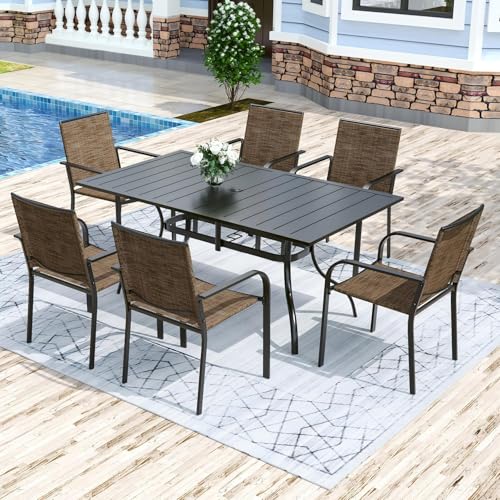 Image of Anmutig 7-Piece Outdoor Dining Set, Powder Coated Steel Table with 6 Stackable Chairs, Black and Brown, 63 x 38 Inch Table