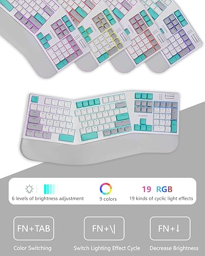 Image of Ergonomic Mechanical Keyboard with Wrist Rest, RGB Backlight | Split Design,Full Size 104-Key,Red Switches Low-Profile Hot Swappable,Volume Roller,2.4 GHz /Bluetooth /USB-C Wire,Rechargeable