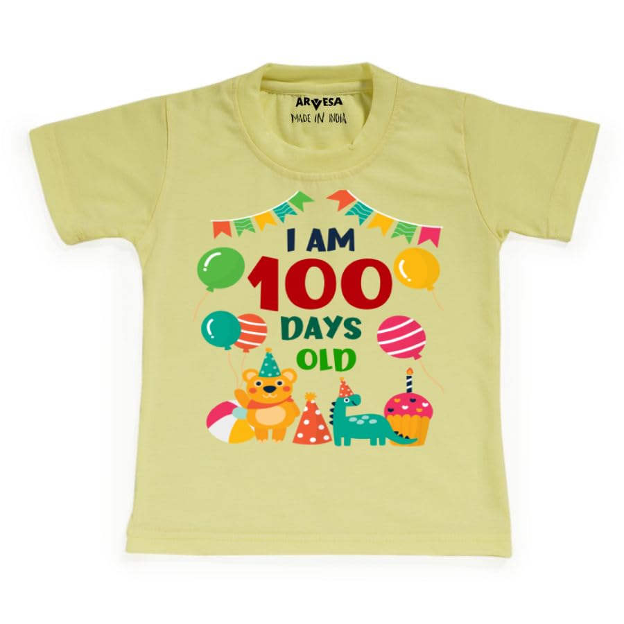 ARVESA 100 Days Birthday 0-6 Months White Tshirt TS-1340 100 Days Celebration for Baby, 100 Days Baby Birthday Dress