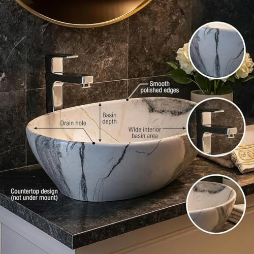 Image of Ceramic Tabletop Wash Basin - Glossy Bowl Shape Countertop Vessel Sink with Marble Finish for Bathroom & Vanity | Compact 16 x 13 x 5 Inch | Elegant Washbasin