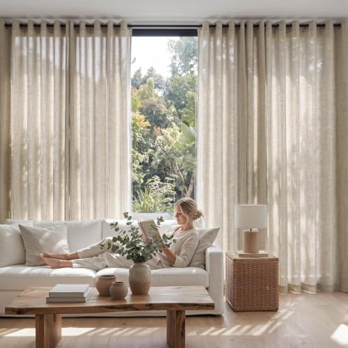 Image of jinchan Linen Curtain Room Divider 100 inch W x 96 inch L Grommet 1 Panel Set Taupe