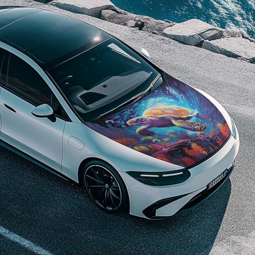 Image of Turtle Print Car Hood Cover Easy to Install Car Hood Cover Protector Elastic Fabrics Can be Washed Stretch Polyester Fabric Cover Personalized Suitable for Cars