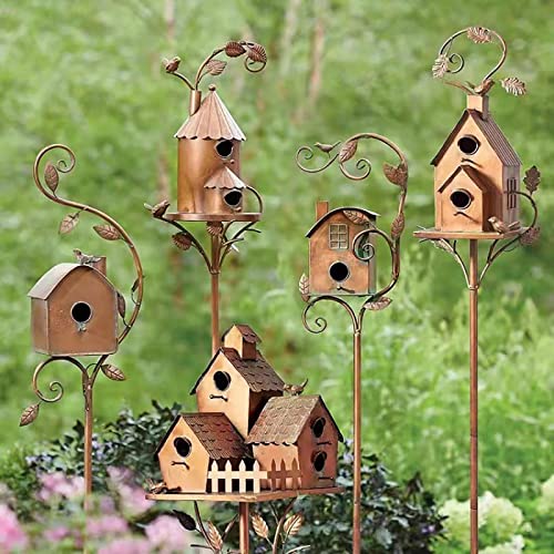 Metal Bird House With Pole For Outside - Vintage Fancy Copper Colored Design Birdhouse For Hummingbird & Garden Patio Decor (E) #TOP4