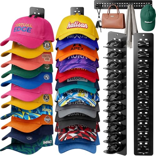 2 Pack Hat Organizer for Baseball Caps, Detachable DIY Hat Rack for Wall Hat Holder Hold up to 22 Hats, Baseball Cap Organizer Cap Holder Hat Hangers for Wall Closet Door Bedroom (C-Black) - image 1