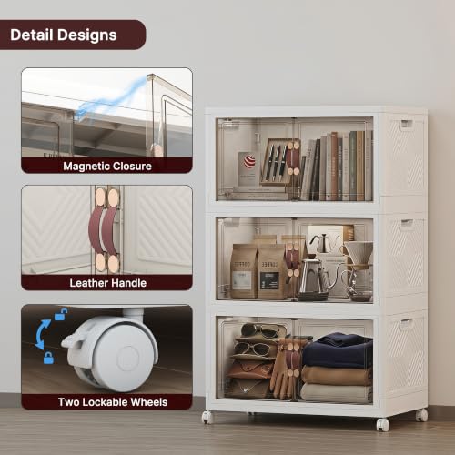 Image of Stackable Storage Bins with Lids, 330QT Lockable Storage Cabinet | Closet Organizers, Foldable Storage Box with Doors and Wheels, Plastic Drawers for Home, Garage, Office (3, White, Plus)