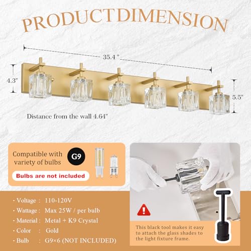 Image of VitaLink 6-Light Crystal Vanity Light, 35.4 inch Long Gold Bathroom Wall Light Over Mirror Crystal Wall Light Fixtures for Bathroom