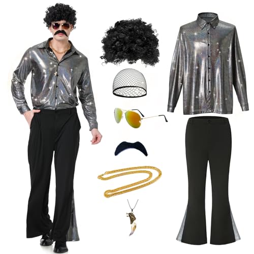 70er Jahre Disco Outfit für Herren, 70er Jahre Disko Kostüm Hemd Hose Anzug mit Perücke Schnurrbart Halskette Sonnenbrille für Party