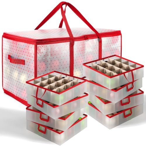 Image of Hearth & Harbor Christmas Ornament Storage Box With 8 Inner Tray Dividers - Plastic Ornament Storage Container For 128 Holiday Ornaments or Decorations - Red
