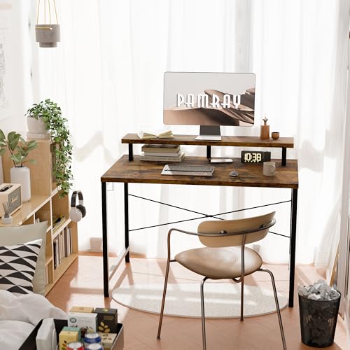 Image of Pamray 32 Inch Small Computer Desk with Monitor Stand, Simple Office Desk with Headphone Hook for Small Spaces, Kids Study Writing Table for Bedroom, Vintage