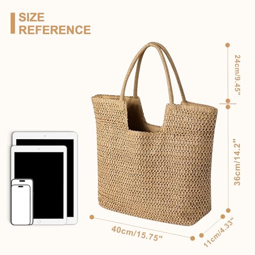 Image of Long Keeper Beach Bags for Women Summer Straw Bag with Zipper Woven Shoulder Handbag Beach Tote Bags for Travel Vacation