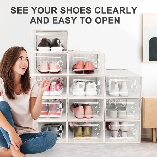 Image of Kuject 12 Pack Large Shoe Boxes, Clear Stackable Containers with Lids,White