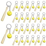 Hicarer Softball Keychain with Wooden Bat Mini Softball Keyring Sport Team Keychains for Women Team Sport Party Favors Souvenir Athletes Rewards(24 Pieces)