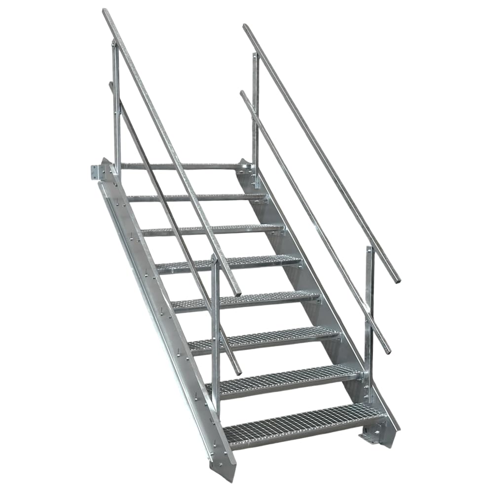 8 Stufen Stahltreppe mit beidseitigem Geländer/Breite 100 cm Geschosshöhe 120-160cm / Robuste Außentreppe/Wangentreppe/Stabile Industrietreppe für den Außenbereich/Inklusive Zubehör