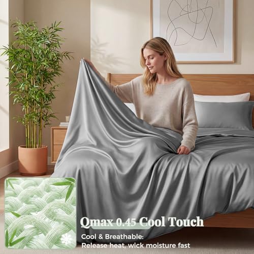 ANSSO Viscose Derived from Bamboo Sheets Queen Size, 400 TC Luxury Silky Bedding Sheets with 16" Deep Pocket,Ultra Breathable Cooling Bed Sheets for Hot Sleepers-4 Piece Set (Grey) - image 3