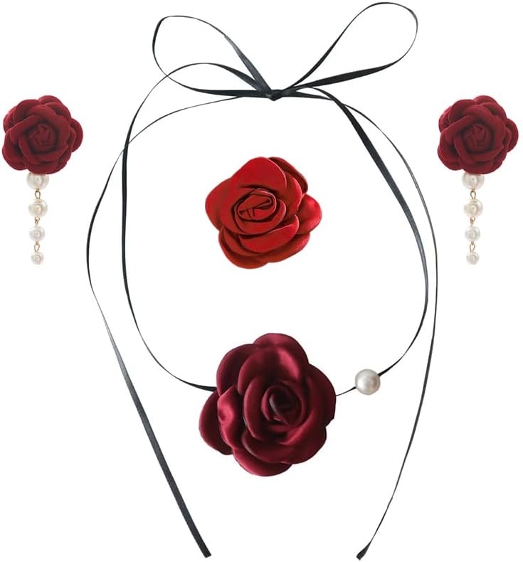 ONLYJUMP 3Pcs Red Velvet Rose Jewelry Set for Women Black Ribbon Necklace Pearl Tassel Earrings Chest Flower Vintage Floral Design Ideal Gift for Wedding Birthday Valentine's Day