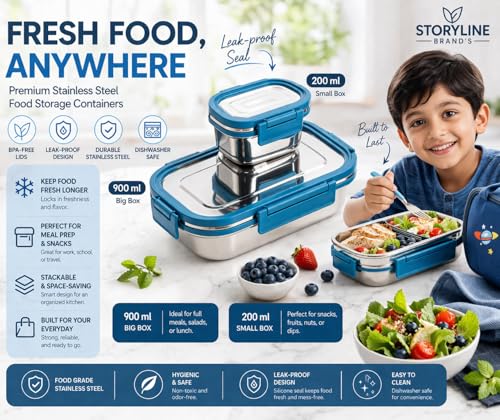 Image of CULINARY CRAFTS Stainless Steel Tiffin Lunch Box Container /Dabba with 4 Side Clip Lock Lid for Office & School Use /Food Grade /Air Tight /Easy to Carry /Leak Proof(900ml 1pc + 200ml 1 Pc) Blue