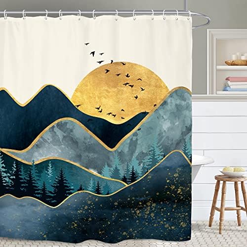 Yookeb Abstact Mountain Bathroom Shower Curtain 60W by 71H Inch Modern Minimalist Sun Sunrise Sunset Blue Polyester Fabric 12 Plastic Hooks Waterproof Decor
