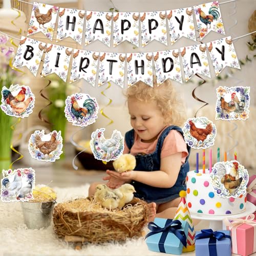 Image of Chicken Birthday Decorations Include Chicken Happy Birthday Banners Hanging Swirls Chick Farm Animal Birthday Theme Party Supplies