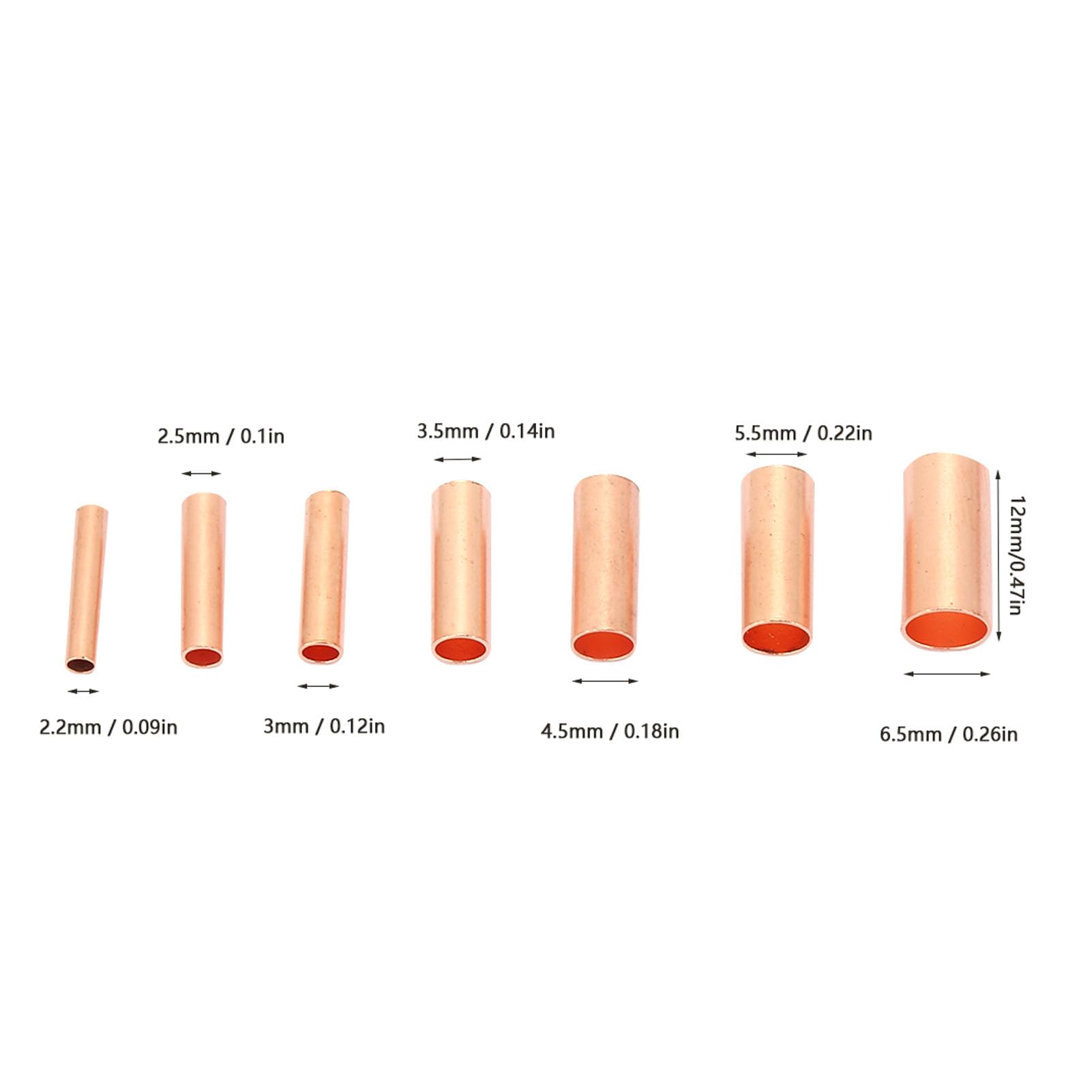 Fafeicy 250 szt.Rura łącząca z czerwonej miedzi GT1-6mm, złącze rury pośredniej, zestaw asortymentowy rurki czerwonej miedzi 2,2 mm ~ 6,5 mm do połączenia elektrycznego AC/DC