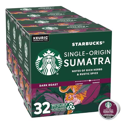 Image of Starbucks K-Cup Coffee Pods, Dark Roast Coffee, Sumatra, 100% Arabica, 1 box (32 pods) (Pack of 4)