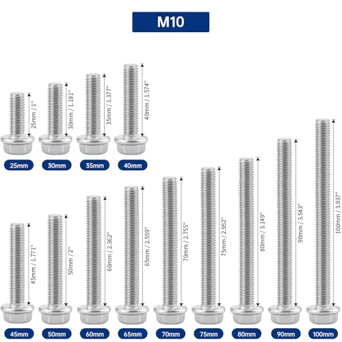 Image of M10-1.5 x 90mm Serrated Flange Hex Bolts + Flange Nut + Flat Washer + Lock Washer Combo Pack, 304 Stainless Steel 18-8, for Automotive & Machinery, 6 Sets