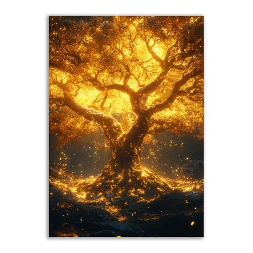 Peinture à l'huile sur toile arbre doré poster vintage nordique art mural salon 70x100cm