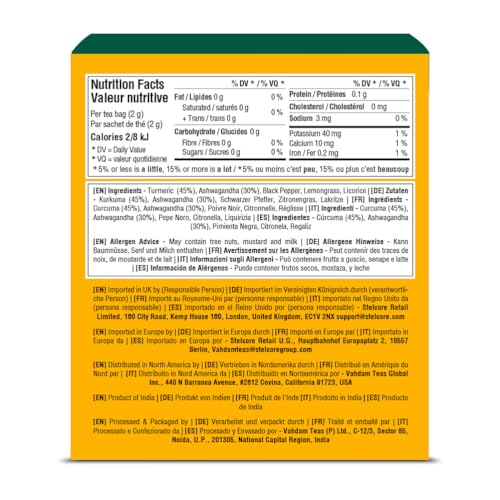 Image of VAHDAM, Turmeric Ashwagandha Herbal Tea Bags (15 Count) Caffeine Free, Non GMO, Gluten Free | 100% Pure Herbal Blend - Sweet & Earthy | Individually Wrapped Pyramid Tea Bags | Direct from Source