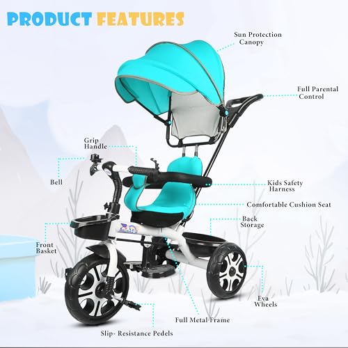 Image of BABY SMILE 4-in-1 Kids Tricycle with Adjustable Canopy, Parent Push Handle, Red and White (Green)