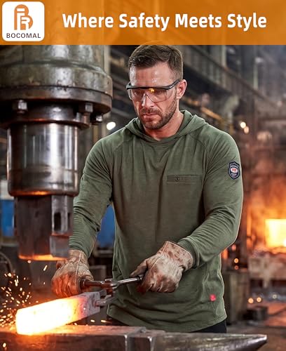 Image of BOCOMAL FR Hooded T Shirts Utility Pocket Fire Resistant Summer Hoodie CAT2 | 6oz Midweight Flame Retardant Cotton Hoodies,Kangaroo /Button Pocket,NFPA2112,Rib-Knit Cuffs,FRC Welding Arc Rated Work Shirt