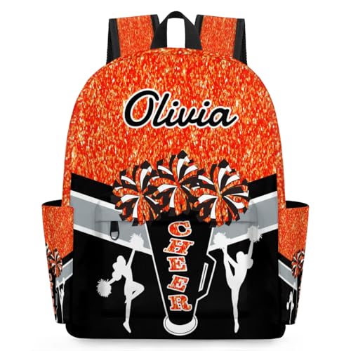 Custom Cheer Backpack for Women Cheerleaders, Personalized Waterproof Casual Daypack Bag with Name for Camping Hiking, Orange Glitter Shoulder Bag